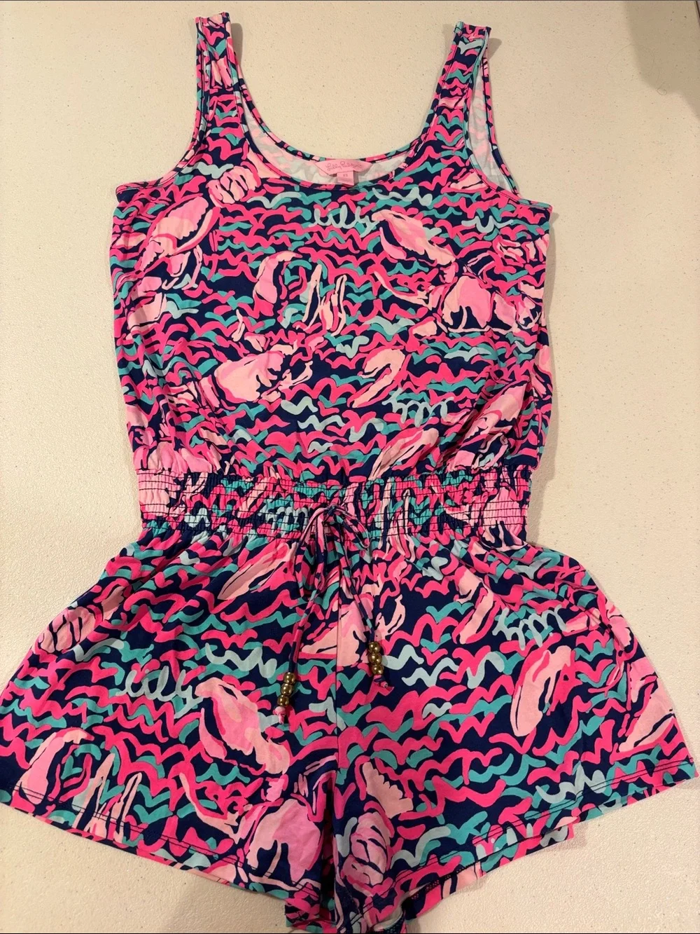 Lilly Pulitzer Navy Romper with Pink and Teal Print